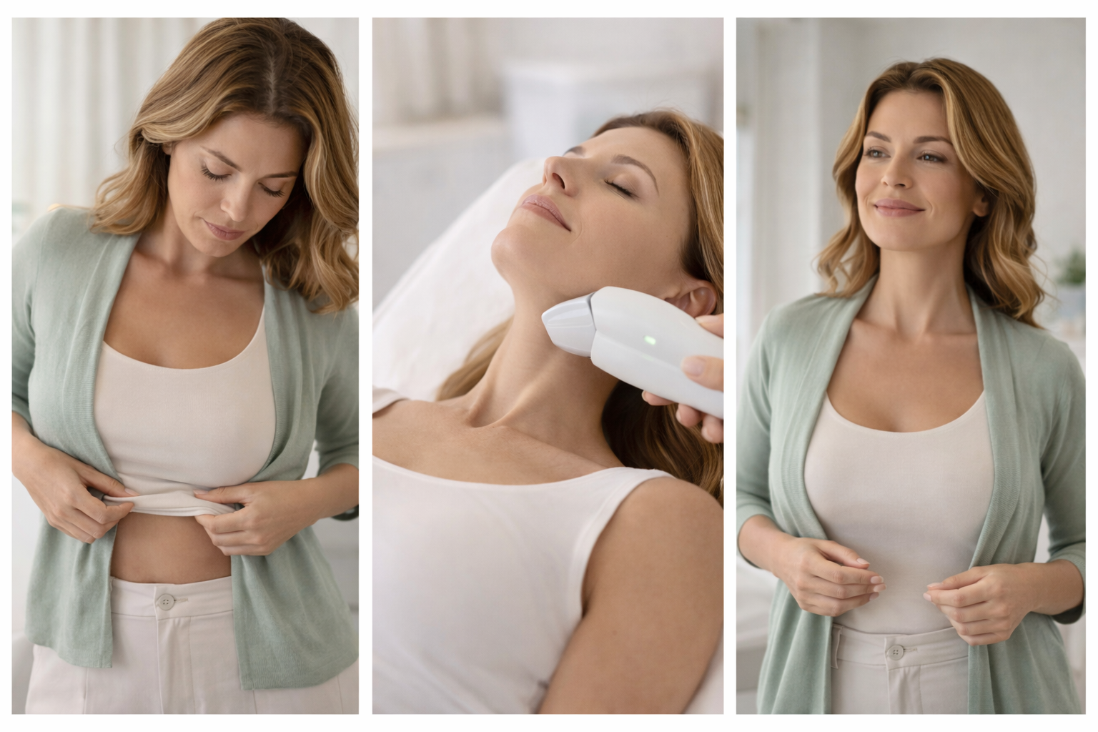 A person standing in front of a mirror, looking at their reflection with a soft smile. They are wearing a comfortable outfit that they feel good in.